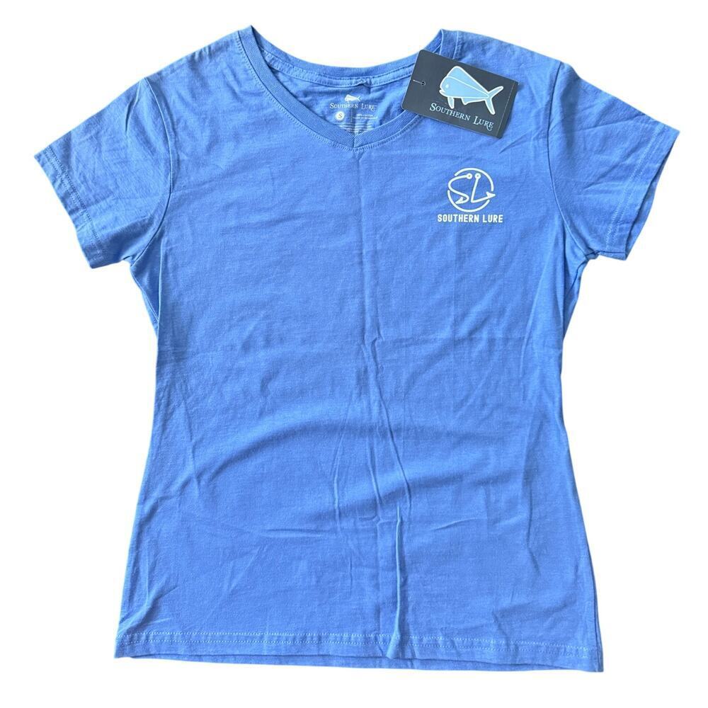 NWT Southern Lure Sz S Periwinkle Blue 
T-shirt Tropical Print Back | NWT